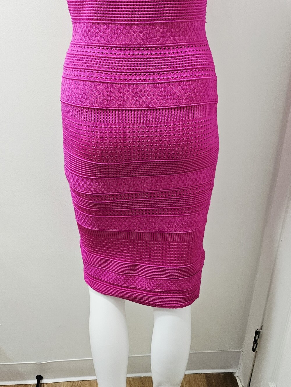 BEBE Hot Pink Pointelle Knit Lace Trim Bandage Bodycon Dress XS - Picture 7 of 12